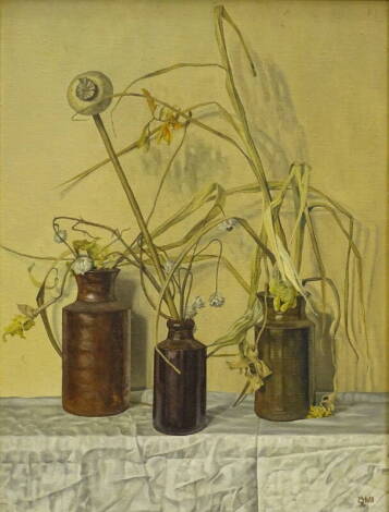 •Michael C. J. Hall (20thC). Stone jars with dead flowers, oil on board, initialled, dated (19)76, and inscribed verso, 49.5cm x 37cm. Label verso Wheeldon and Sons Lincoln.