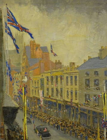 •Barrell (20thC). Royal Procession Lincoln, oil on canvas, signed, dated (19)47 and titled verso 59cm x 44cm.