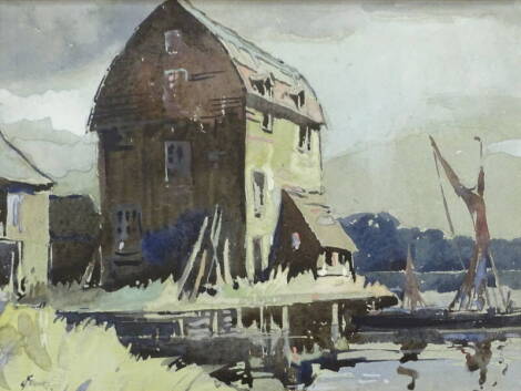 •J.F. Clarke (20thC). Tidemill, Woodbridge, Suffolk, watercolour, signed and titled verso, 27cm x 36cm.