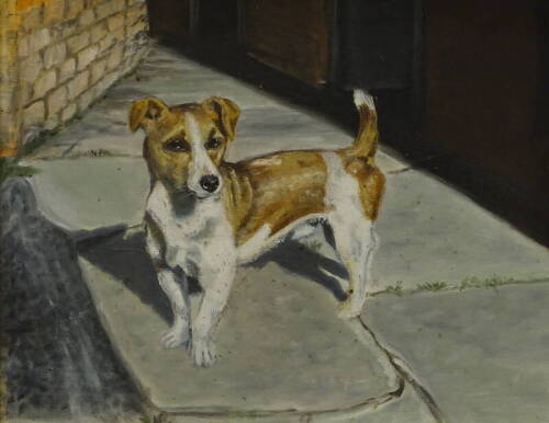 •20thC School. Benji the Dog, oil on board, titled verso, 34cm x 42.5cm.