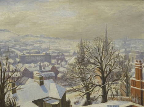 •Mary Dudding (19thC/20thC). Snow bound Lincoln from uphill, oil on board, signed and titled verso, 40cm x 53cm.