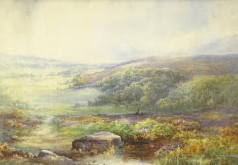 •20thC British School. Extensive landscape with figure and dog, watercolour, 46cm x 67cm.