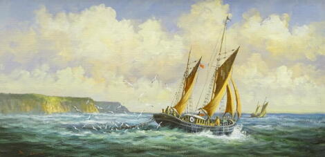 •David Short (B.1940). Brixham Smack (Shooting the beam trawl), oil on canvas, signed and titled verso, 29cm x 59.5cm.