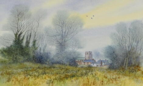 •Trevor Parkin (B.1935). Winter church, watercolour, signed and titled verso, 25cm x 40.5cm. Label verso The Mike Chambers Gallery, and a Douglas Baldwin watercolour. (2)