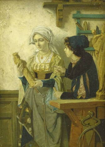 Victorian School. Maiden holding statue, a gilt framed coloured print, 39cm x 28cm.