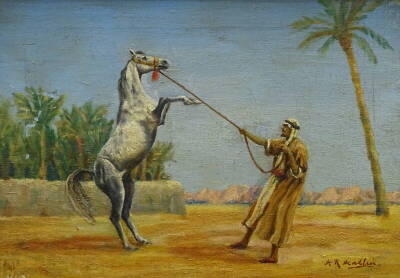 •H.R. Kadlim??. Arab horse trainer, oil on canvas, signed, 24.5cm x 34.5cm.