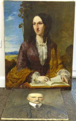 19thC School. Half length portrait of a maiden reading a book, oil on canvas, 91cm x 71cm, and a portrait of a gentleman indistinctly signed. (2) - 2