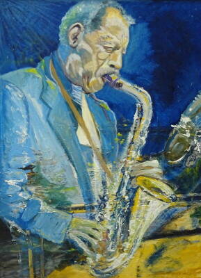 •C Frederiksson (20thC). The Saxaphone player, oil on board, signed, 73.5cm x 54cm.