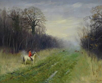 •Denys James Watkins Pitchford (1905-1990). Huntsman and hounds in woodland, oil on canvas, signed and dated 1975, 49.5cm x 59.5cm.