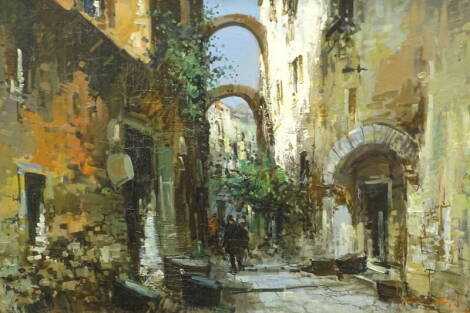 •20thC Continental School. Scena Della Strada, del Villaggio, oil on canvas, indistinctly signed, and titled verso, 60cm x 91cm. Label verso Galleria Degli Artists Rome.