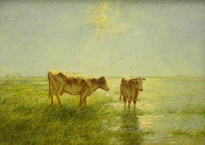 Willem Maris (1844-1910). Two short horned cows in wetlands, oil on panel, signed, 49cm x 69cm.