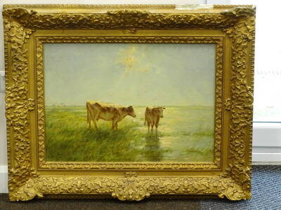 Willem Maris (1844-1910). Two short horned cows in wetlands, oil on panel, signed, 49cm x 69cm. - 2