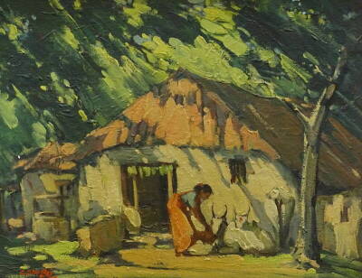 •G.D. Paulraj (1914-1989). Washer women outside tribal dwelling, oil on canvas, signed, 51cm x 65cm.