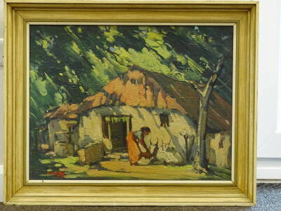 •G.D. Paulraj (1914-1989). Washer women outside tribal dwelling, oil on canvas, signed, 51cm x 65cm. - 2