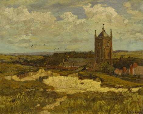 •Rudolf Hellwag (1867-1942). Church landscape, oil on canvas, signed, 33cm x 41cm.