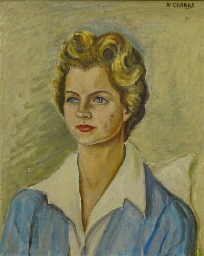 •Margaret Clarke (20thC). Ann, oil on canvas, signed, 53.5cm x 43cm. Label verso The Chelsea Art Society and another. (2)