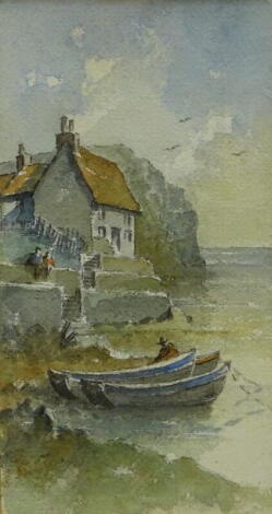 19thC British School. Coastal scene with fishing boats, watercolour, 27cm x 14.5cm.