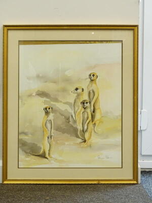 •Tash Hofer (20thC). Meerkats, watercolour, signed, 66cm x 52cm. - 2