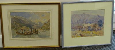 19thC School. Figures in a rowing boat, watercolour, 24cm x 34cm, and another signed M. C. Wolf. (2). - 2