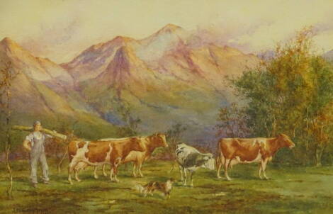 J. McQueen Moyes (19thC). Cattle in mountain landscape, watercolour, signed and dated 1853, 24cm x 36cm, and two others Allingham, Willett. (3)