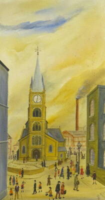 •20thC British School. Industrial street scene, oil on canvas, 51cm x 27cm, and two others signed After Lowry. (3)