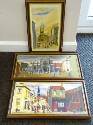 •20thC British School. Industrial street scene, oil on canvas, 51cm x 27cm, and two others signed After Lowry. (3) - 2