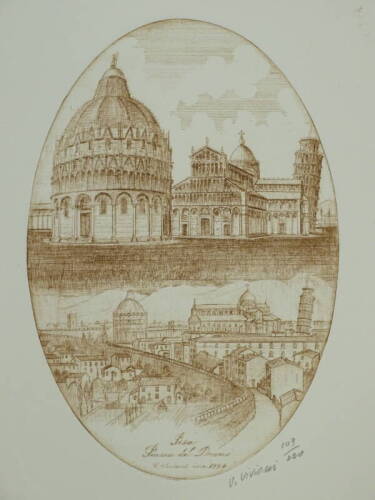 •Viviano Viviani (1923-2007). Pisa Piazza del Duomo, artist signed etching 109/220. and presentation booklet.