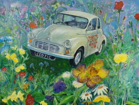 •John Elson (b.1962). The Art of the Steel (sic), cartoon caricature of a Morris Minor within a still life field of flowers including irideae, rosaceae, dianthus caryophyllus, centaurea cyanus, bellis perennis and papveraceae, oil on canvas, 71cm x 92cm.