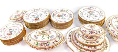 A Royal Worcester porcelain Japan pattern dinner service, c1906, No 5969, printed and painted marks, comprising four graduated meat platters, pair of vegetable tureens and covers, pair of sauce tureens, covers and stands, ten dinner, soup, dessert and sid