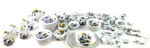 A Spode pottery part dinner tea and coffee service decorated in the Blue Bird pattern, comprising three graduated meat platters, soup tureen and cover, pair of small vegetable tureens and covers, three gravy boats on stands, three sauce boats on stands, s