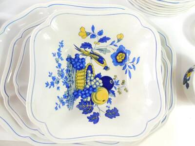 A Spode pottery part dinner tea and coffee service decorated in the Blue Bird pattern, comprising three graduated meat platters, soup tureen and cover, pair of small vegetable tureens and covers, three gravy boats on stands, three sauce boats on stands, s - 2