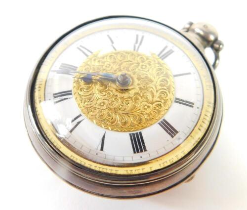 A George IV silver pair cased pocket watch, open faced, key wind, gilt and enamel dial bearing Roman numerals, engraved to the chapter ring 'Keep Me Clean And Use Me Well, And To You The Truth Will Tell', fusee verge movement by Edward Thomas Loseby, Leic