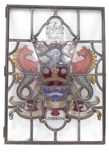 A stained glass window panel, bearing the Coat of Arms of The City of Cambridge, 86cm high, 62cm wide.