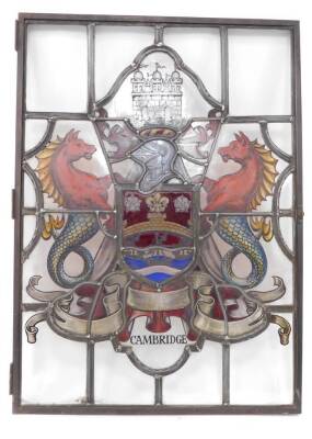 A stained glass window panel, bearing the Coat of Arms of The City of Cambridge, 86cm high, 62cm wide.