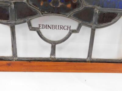 A stained glass window panel, pine framed, bearing the Coat of Arms and Motto of the City of Edinburgh, 85cm high, 61cm wide. - 3