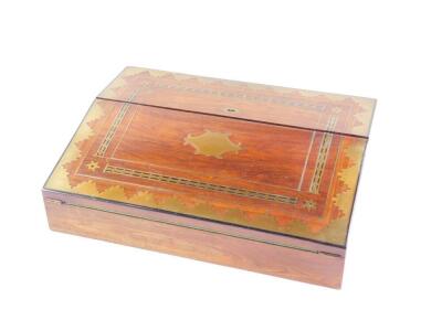 A Victorian mahogany rosewood and brass inlaid writing slope, the double hinged lid opening to reveal a fitted interior, 10.5cm high, 35cm wide, 25.5cm deep.