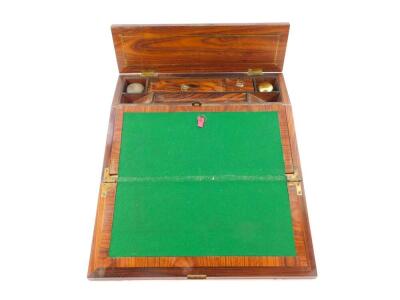 A Victorian mahogany rosewood and brass inlaid writing slope, the double hinged lid opening to reveal a fitted interior, 10.5cm high, 35cm wide, 25.5cm deep. - 2