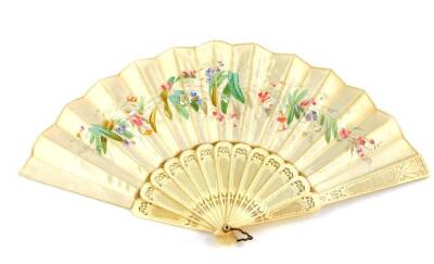 A Continental late 19thC ivory and silk fan, painted with flowers, 23cm wide.