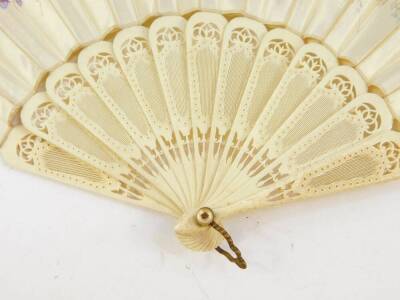 A Continental late 19thC ivory and silk fan, painted with flowers, 23cm wide. - 3