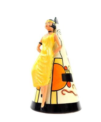 A Lorna Bailey pottery conical sugar sifter, fronted by an Art Deco lady, painted with geometric motifs and stylised flowers, limited edition 245/350, printed and painted marks, 23cm high.