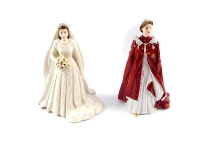 A Royal Worcester porcelain figure of Her Majesty The Queen, In Celebration of The Queen's 80th Birthday 2006, dressed in the robes of the Order of The British Empire., together with a figure of Her Majesty Queen Elizabeth II, In Commemoration of the Diam