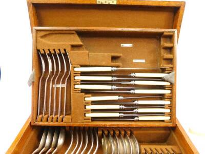 A Mappin & Webb Old English pattern silver plated part canteen of cutlery, some additions and some missing, oak cased, 40cm wide, 28cm deep. - 2