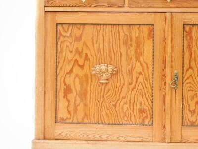 A Victorian stripped pitch and plain pine dresser, with beaded and glazed upper section, three drawer over two cupboard door base with applied mouldings, 152cm wide. - 2