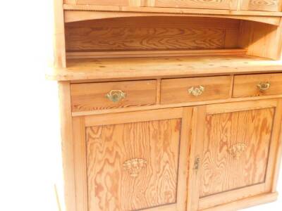 A Victorian stripped pitch and plain pine dresser, with beaded and glazed upper section, three drawer over two cupboard door base with applied mouldings, 152cm wide. - 3