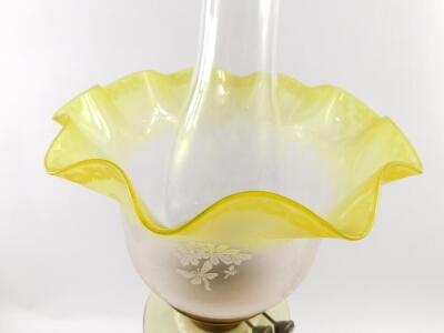 A Duplex brass oil lamp, with a floral painted opaline glass reservoir, glass chimney, and clear to yellow etched glass shade, 67cm high. - 2