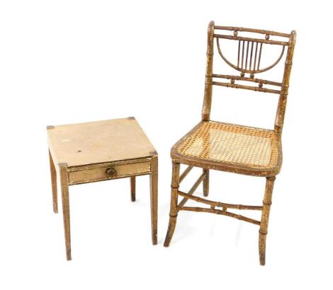 A Regency painted Sussex chair, with caned seat and outswept front legs, together with a similarly painted side table, 42cm high, 37cm wide, 37cm deep. (2)