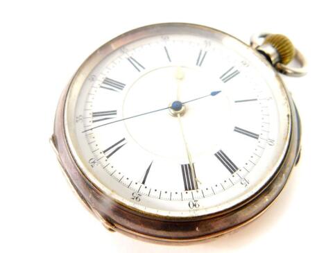 A George V silver repeater pocket watch, keyless wind, open faced, white enamel dial bearing Roman and Arabic numerals, with seconds hand, Mappin & Webb, London 1927, 122.2g all in.