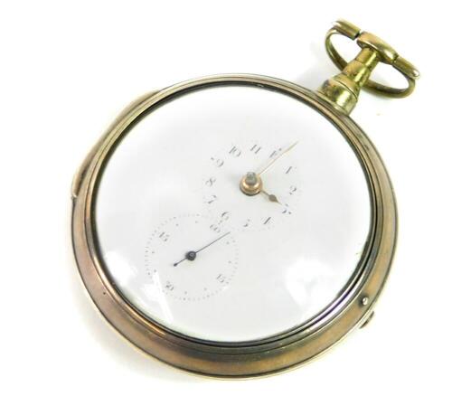 A George II silver pair cased pocket watch, enamel dial bearing Arabic numerals, subsidiary seconds dial, fusee verge movement by John Staples, Leicester, No 46, London 1805, 5cm diameter, 154.7g all in. With an engraved watch case paper depicting The Roy