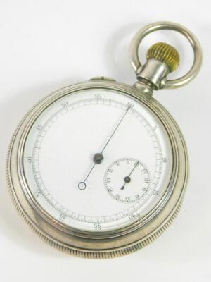 A gentleman's double faced pocket watch and stop watch, open faced, keyless wind, enamel dial bearing Roman numerals, subsidiary seconds, white metal cased, 5cm diameter.