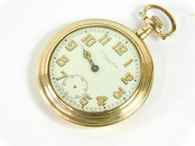 An Elgin gentleman's gold plated pocket watch, open faced, keyless wind, enamel dial bearing Arabic numerals, subsidiary seconds dial, Swiss movement, retailed by Thos Russell & Son, Liverpool., 4.7cm diameter.